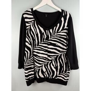 Talbots Cardigan Womens 2X Black White Zebra Print Button Front 3/4 Sleeve Knit